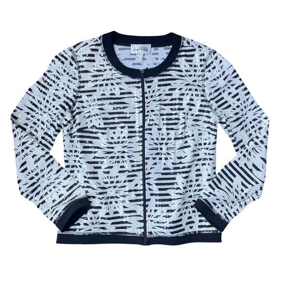 Joseph Ribkoff Full Zip Vinyl Shimmer Striped Floral Jacket Black White Size 12 - Picture 2 of 15